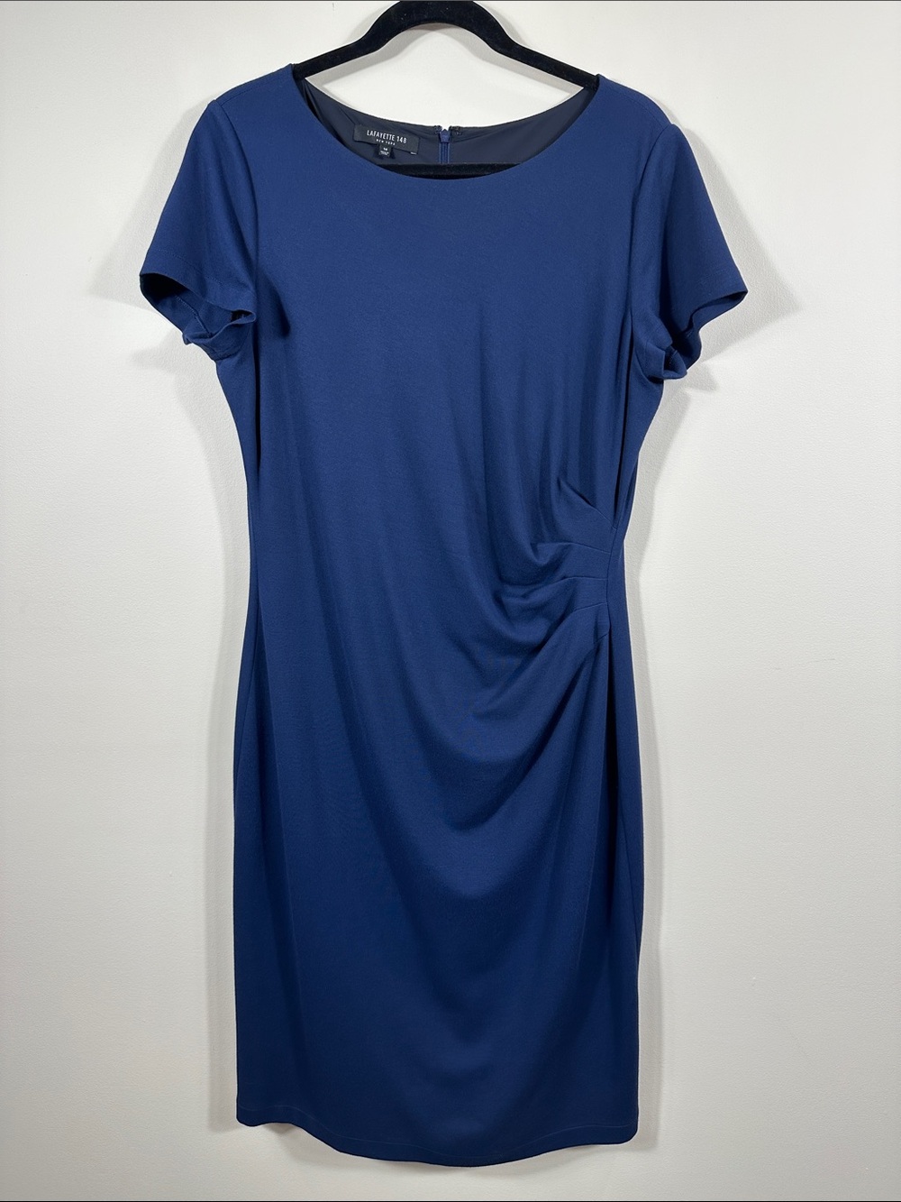 Lafayette 148 Navy Blue Career Work Lined Midi Short Sleeve Dress Women Size 14